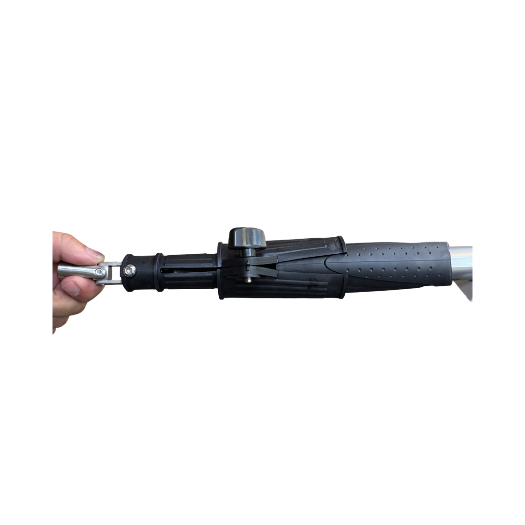 Silver and black flexible tiller handle extension with universal joint for outboard and trolling motors.