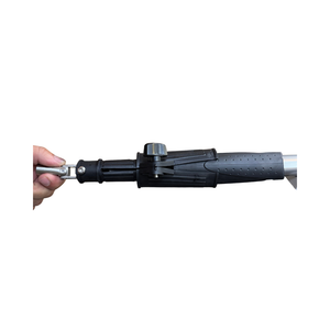 Silver and black flexible tiller handle extension with universal joint for outboard and trolling motors.