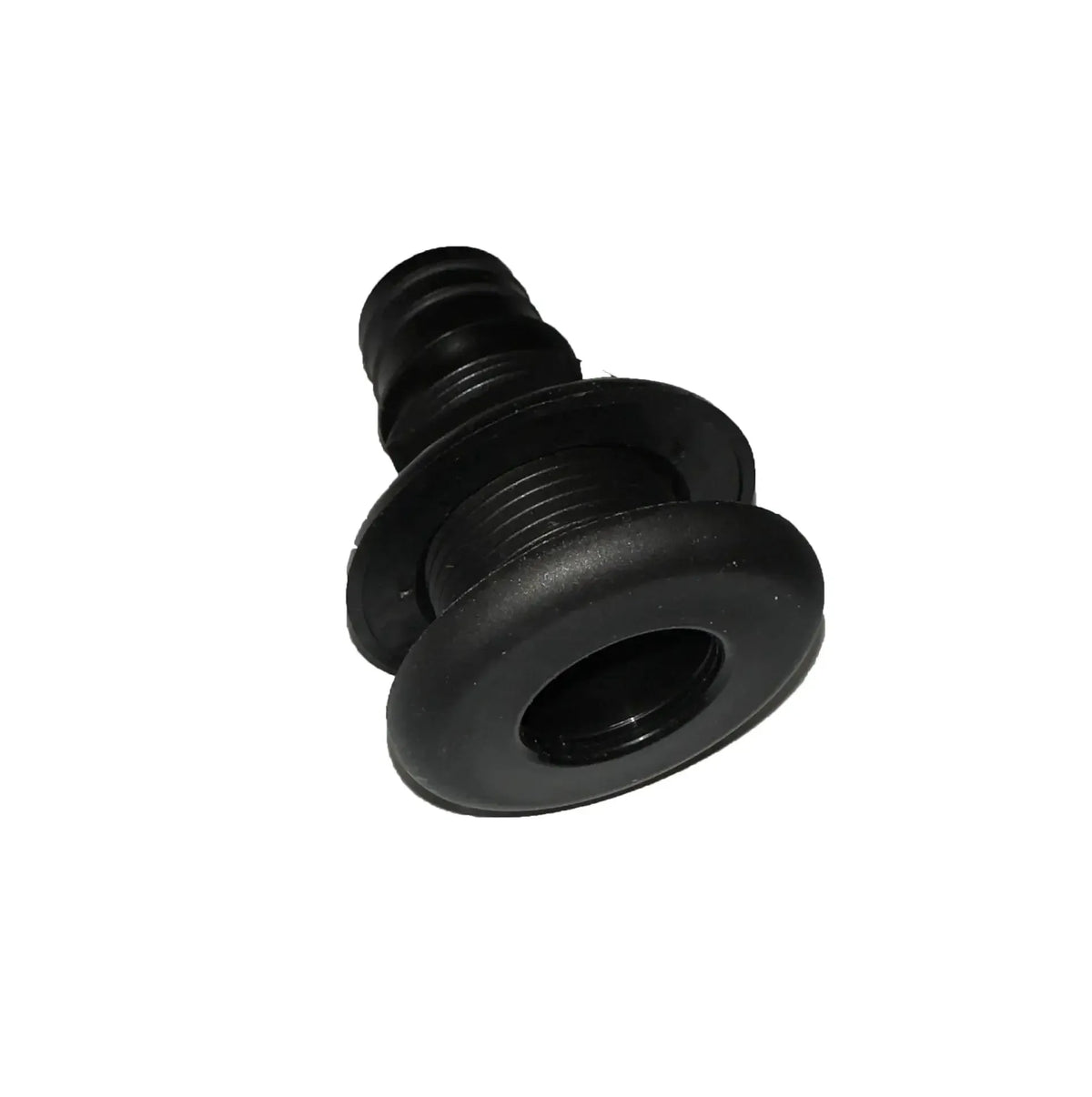 Black plastic straight 1-1/8" thru-hull fitting with threaded body and hose barb end for livewell systems.