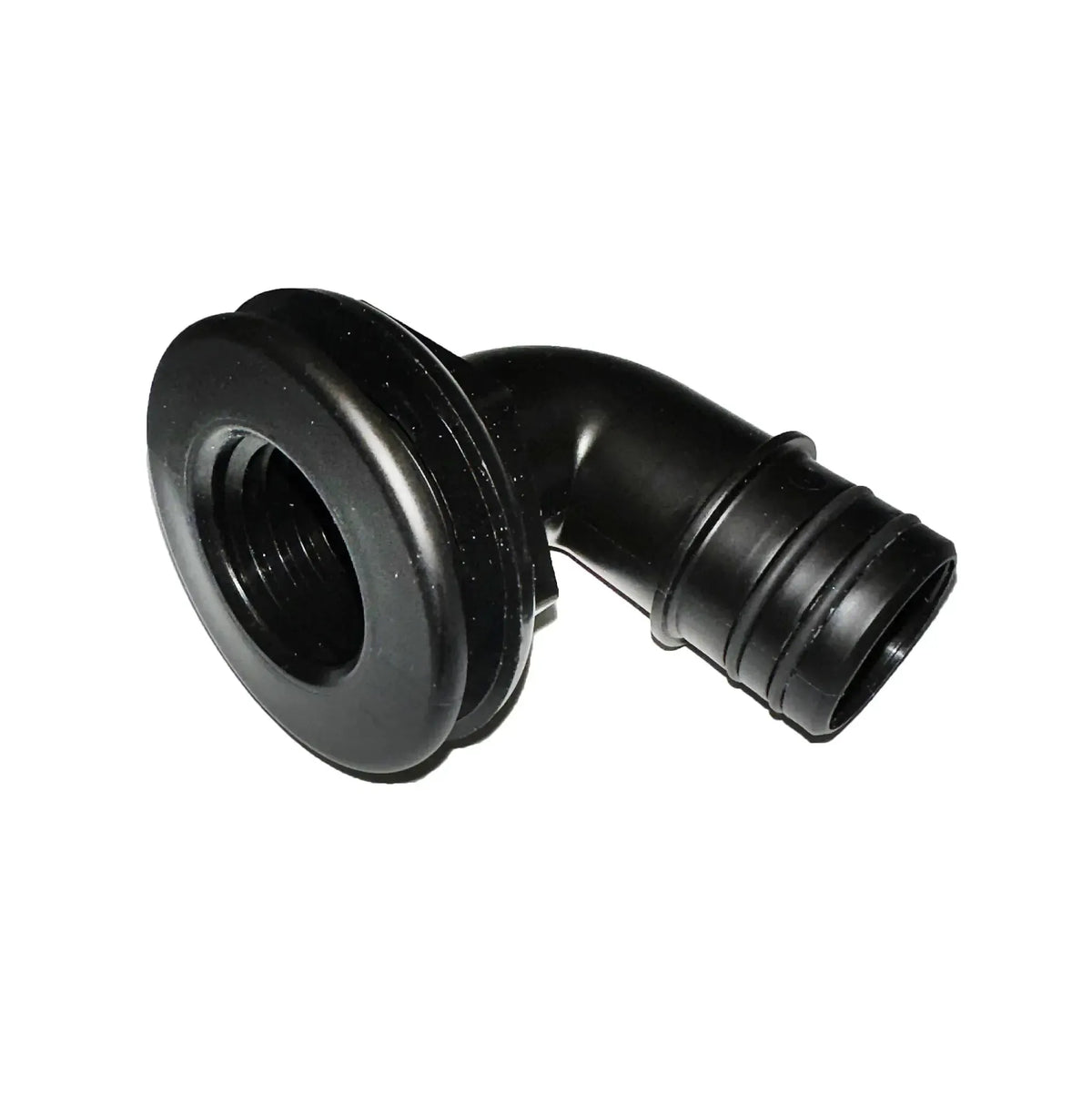 Black plastic 1-1/8" elbow thru-hull fitting with threaded end and ribbed hose barb for livewell systems.