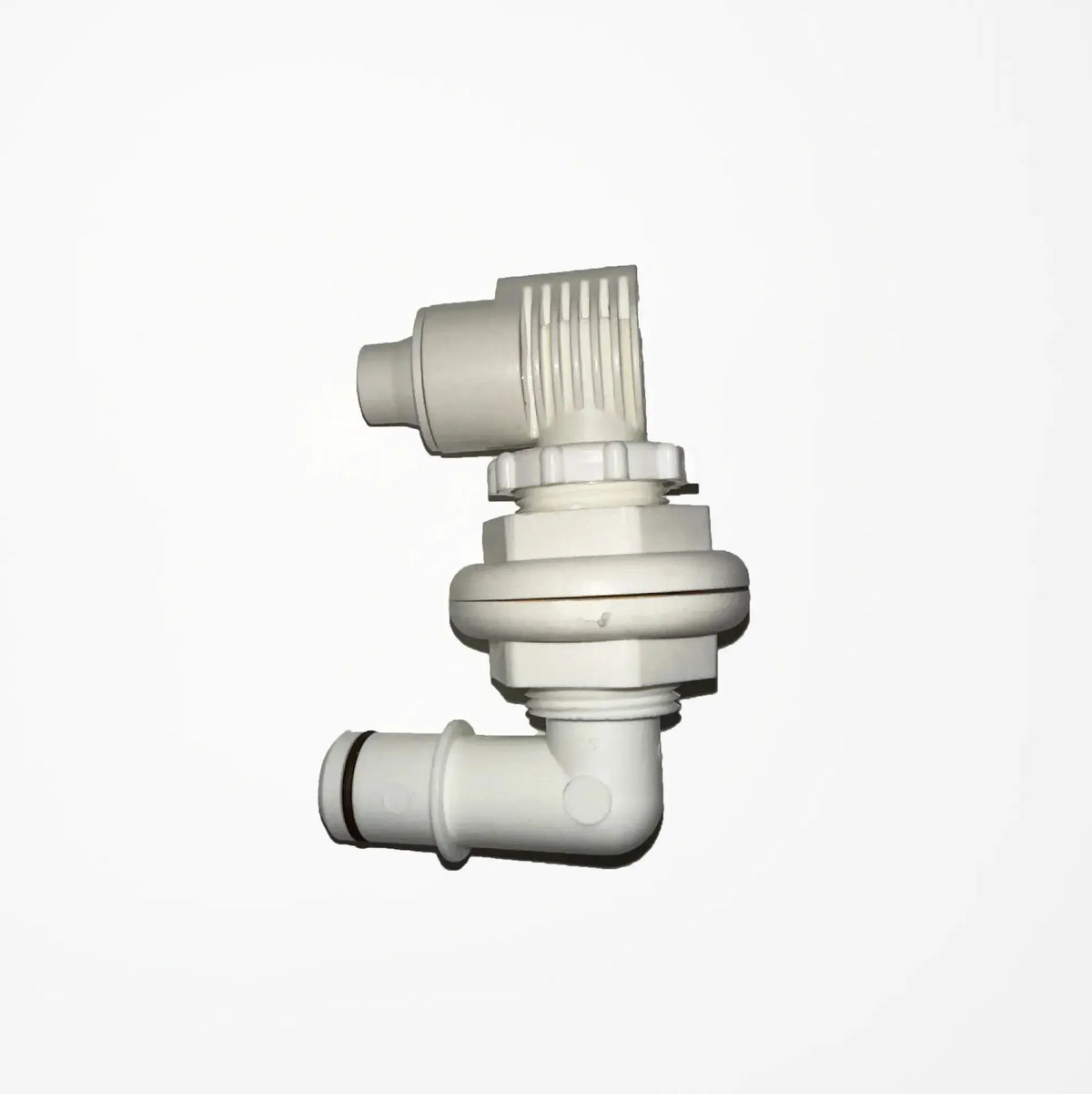 White Flow-Rite PowerStream Aerating Nozzle, an elbow-shaped plastic boat livewell component.