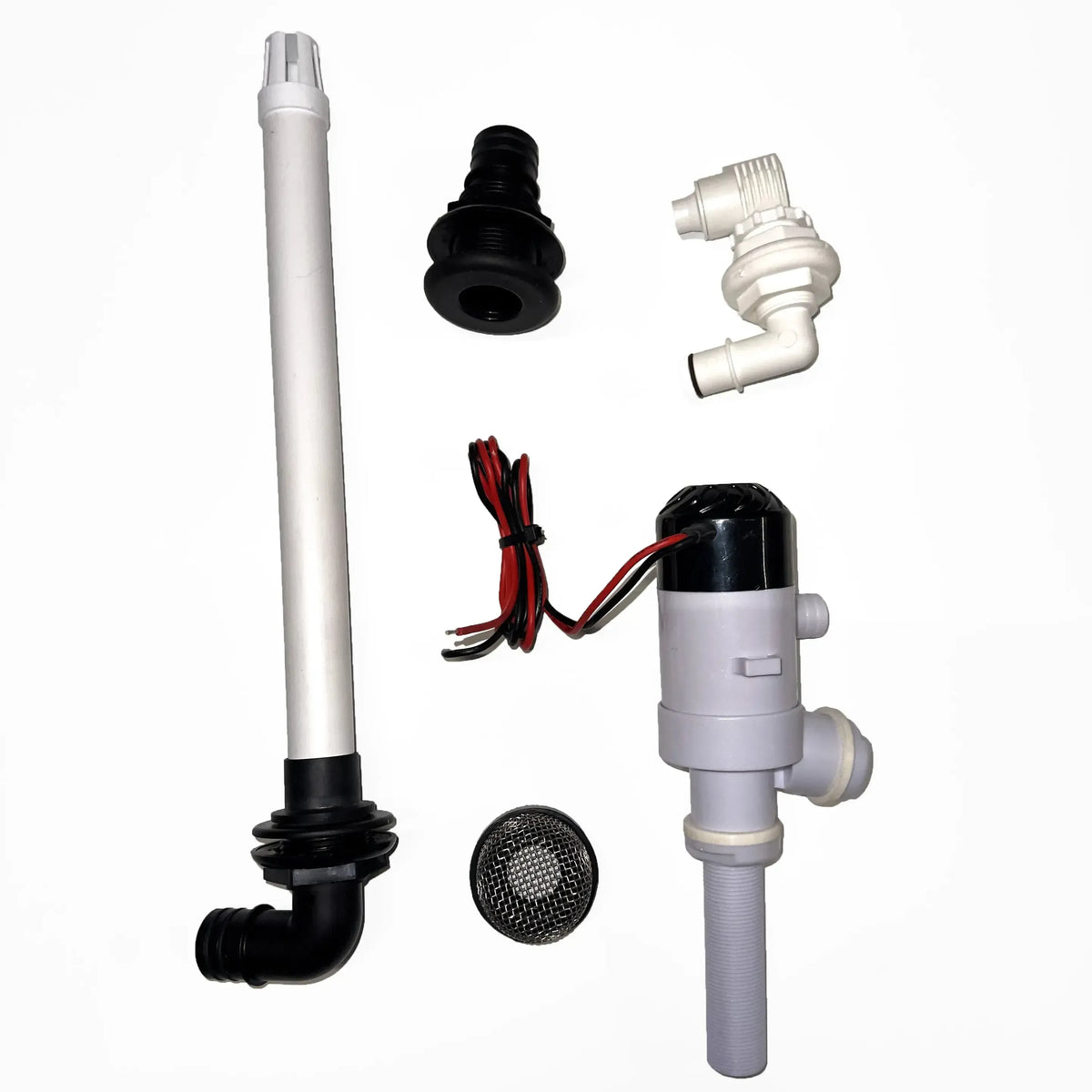 Flow-Rite Essentials Livewell Kit components: white standpipe, black thru-hulls, aerating nozzle, and pump.