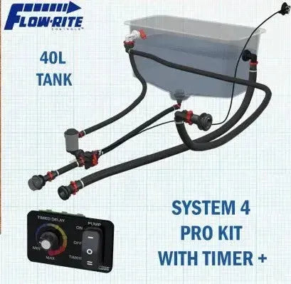 Flow-Rite Premium Livewell Pump Kit with black hoses, red and black connectors, timer, and pump.