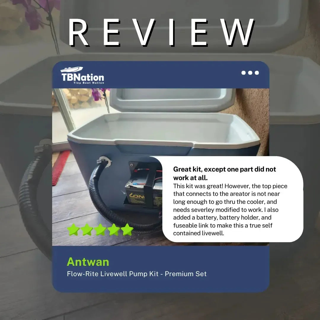 Flow-Rite Livewell Pump Kit in a blue cooler with a battery, hose, and a 5-star customer review.