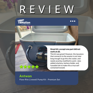 Flow-Rite Livewell Pump Kit in a blue cooler with a battery, hose, and a 5-star customer review.
