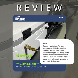 White Igloo cooler with a brass Flow-Rite livewell kit installed, showing a customer review.