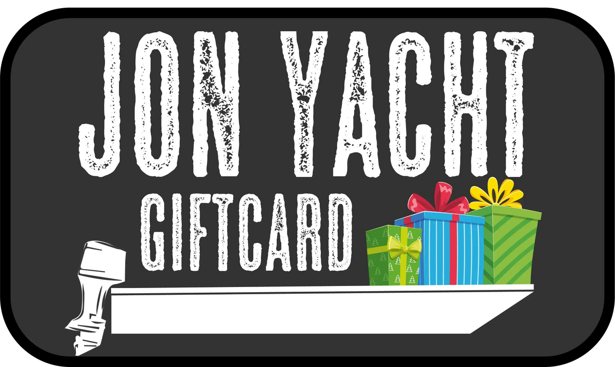 Black Jon Yacht gift card with white text, featuring colorful wrapped presents and a boat motor design.