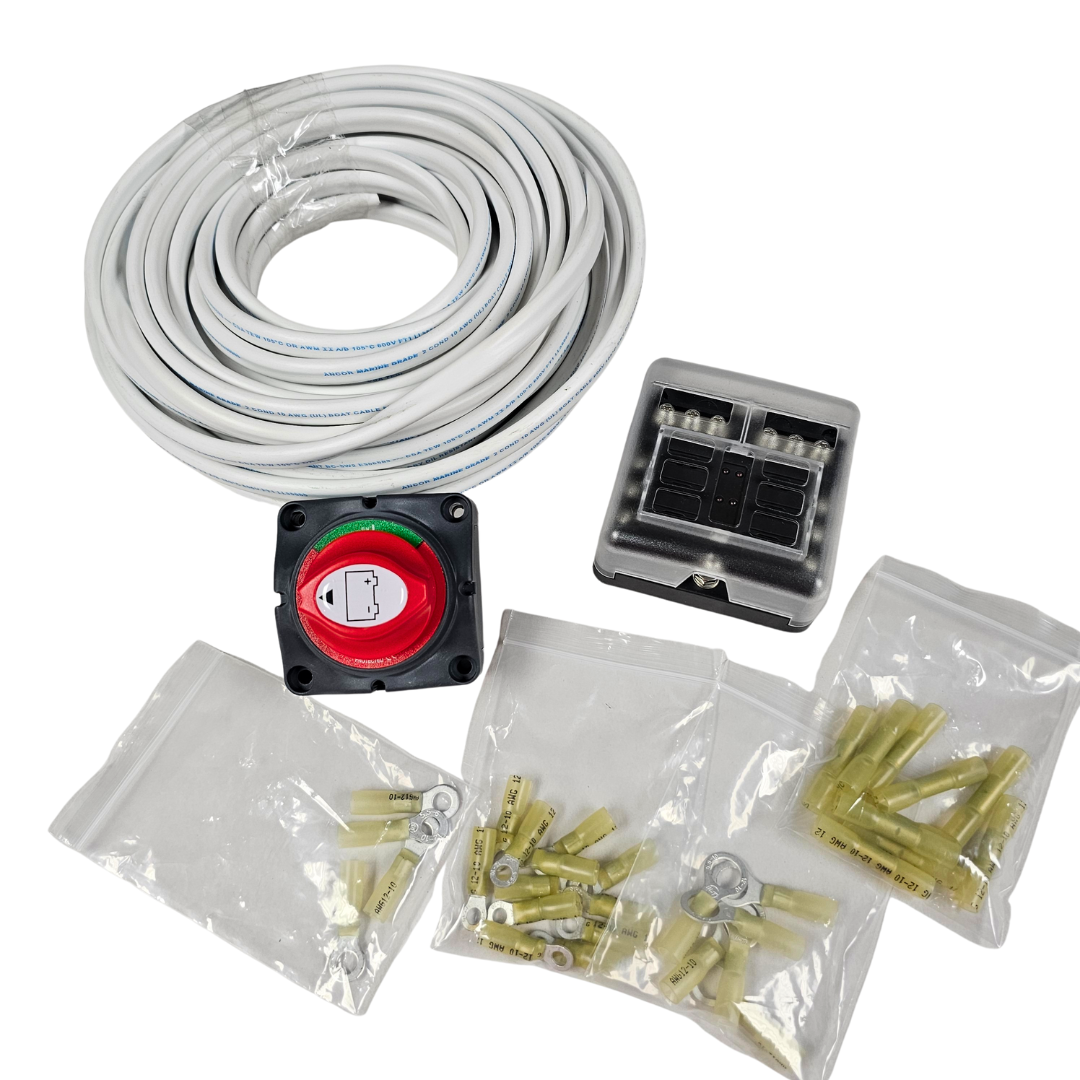 White marine-grade wiring kit with battery switch, fuse block, and various ring terminals.