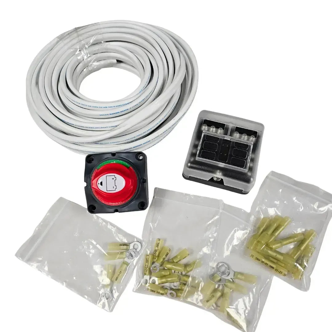 White marine-grade wiring kit with battery switch, fuse block, and various ring terminals.