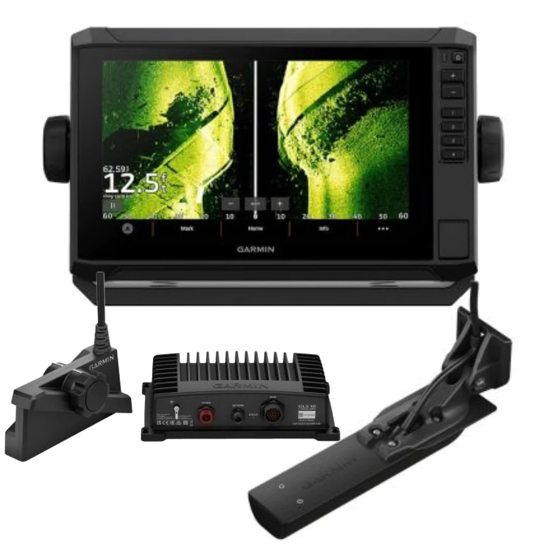 Black Garmin sonar unit with green underwater display, transducer, and GLS 10 sonar module.