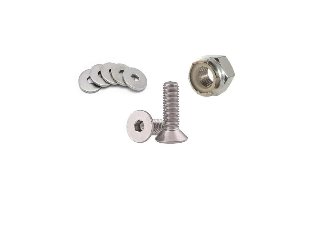 Stainless steel hardware kit with four 3/8"-16x3" flathead bolts, four washers, and four Nyloc nuts.