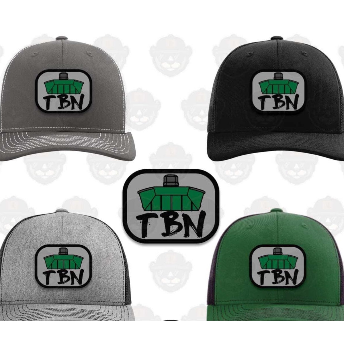 Richardson 112 hats in gray, black, and green, featuring an embroidered TBN Jon Boat patch.