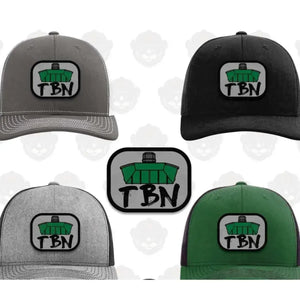 Richardson 112 hats in gray, black, and green, featuring an embroidered TBN Jon Boat patch.