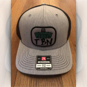 Gray Richardson 112 trucker hat with black mesh back and a TBN Jon Boat embroidered patch.