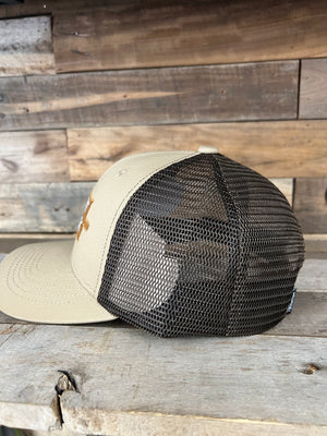 Tan "Tiny Boat Big Deck" trucker hat with dark brown mesh back and flat brim.