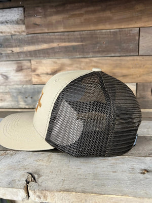 Tan "Tiny Boat Big Deck" trucker hat with dark brown mesh back and flat brim.