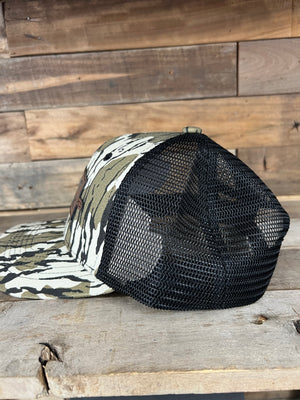 Camo "Tiny Boat Big Deck" trucker hat with black mesh back and flat brim.