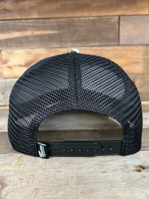 Black mesh trucker hat with adjustable snapback closure and small "Tiny Boat Nation" tag.