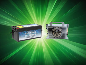 Black Hi-Power 48V lithium battery and a silver fast charger with cooling fins.