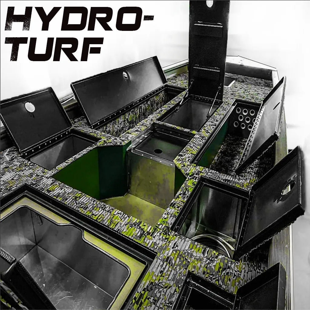 Hydro-Turf Cut Groove EVA foam traction mat in TBNation Camo, installed in a boat with open compartments.