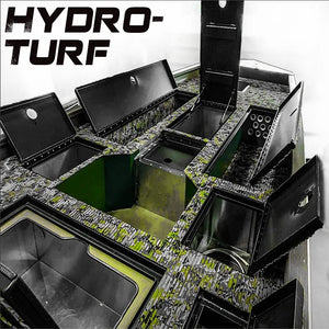 Hydro-Turf Cut Groove EVA foam traction mat in TBNation Camo, installed in a boat with open compartments.