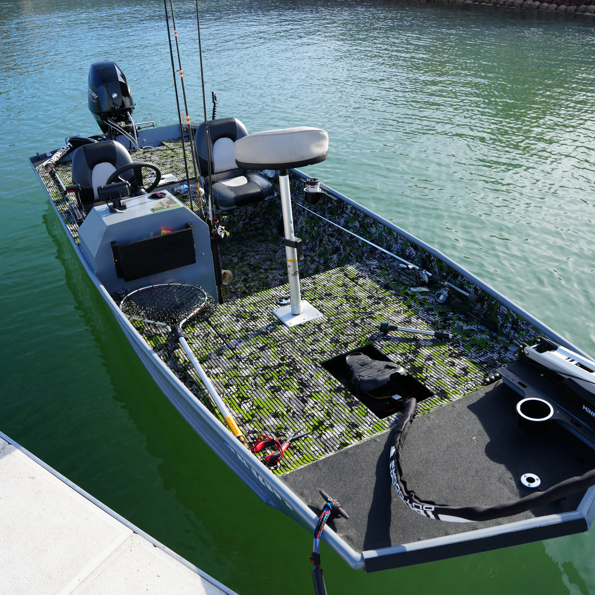 Hydro Turf Cut Groove EVA foam traction mat in TBNation Camo on a fishing boat deck.
