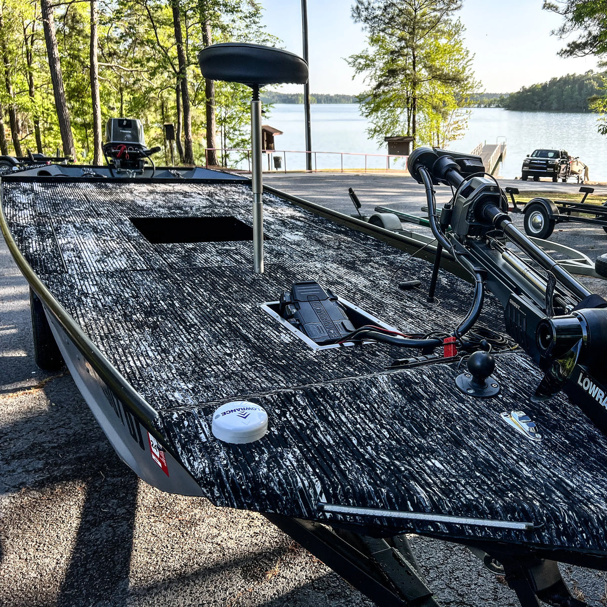 Hydro Turf Cut Groove EVA foam traction mat in TBNation Camo on a fishing boat deck.