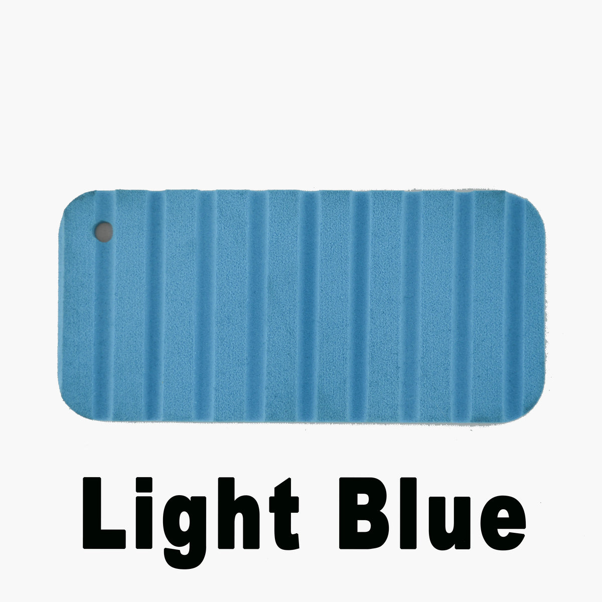 Light blue Hydro Turf Cut Groove EVA foam traction mat sample with a hole.