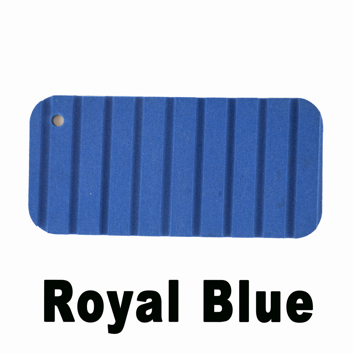 Royal Blue Hydro Turf Cut Groove EVA foam traction mat sample with a hole.
