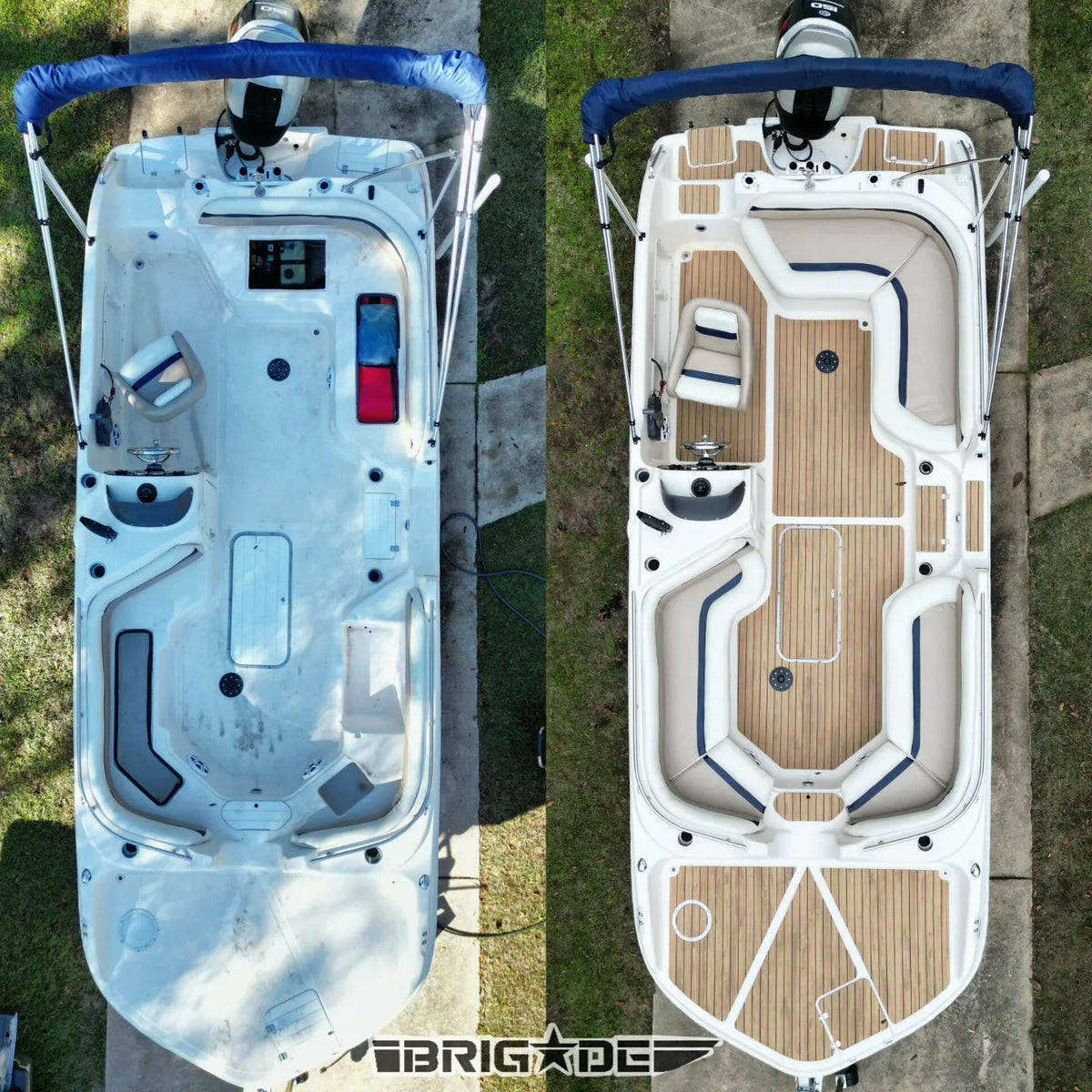 Before and after comparison of a white boat deck with and without Hydro-Turf Laser Wood Grain EVA foam decking.