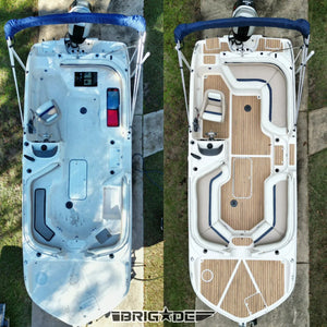 Before and after comparison of a white boat deck with and without Hydro-Turf Laser Wood Grain EVA foam decking.