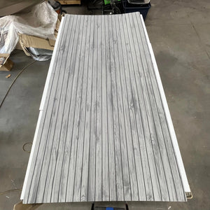 Gray Hydro-Turf Wide Groove Laser Wood Grain EVA foam boat decking sheet, 41" x 83", with adhesive.