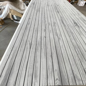 Hydro-Turf Wide Groove Laser Wood Grain Sheet, light gray EVA foam boat decking with dark gray wood grain texture.