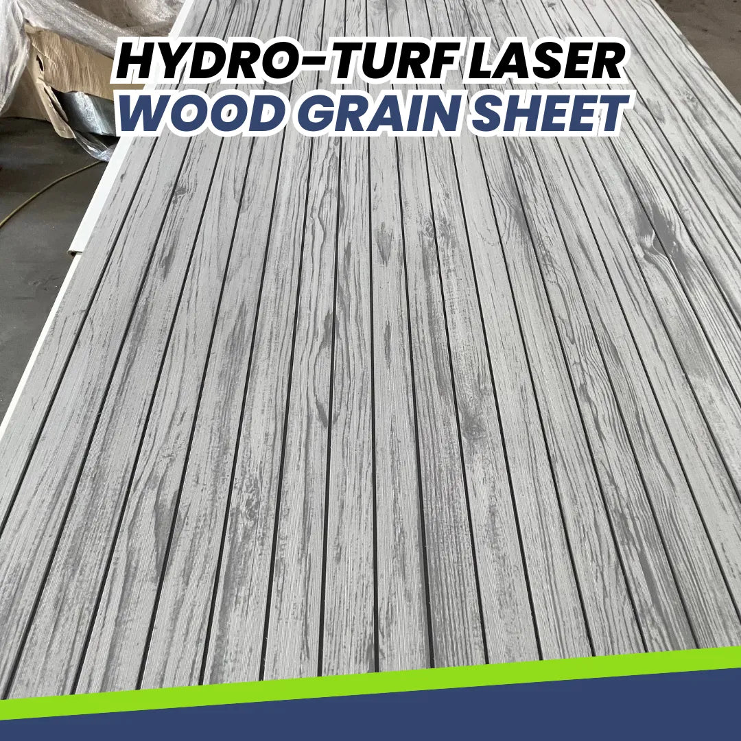Hydro-Turf Wide Groove Laser Wood Grain Sheet, light gray EVA foam boat decking with realistic wood texture.
