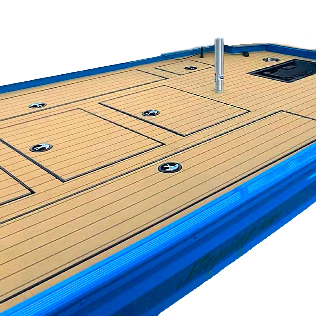 Hydro-turf 2-tone wide groove teak cut marine flooring on a blue boat deck.