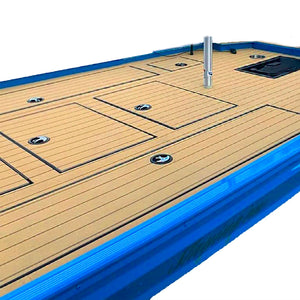 Hydro-turf 2-tone wide groove teak cut marine flooring on a blue boat deck.