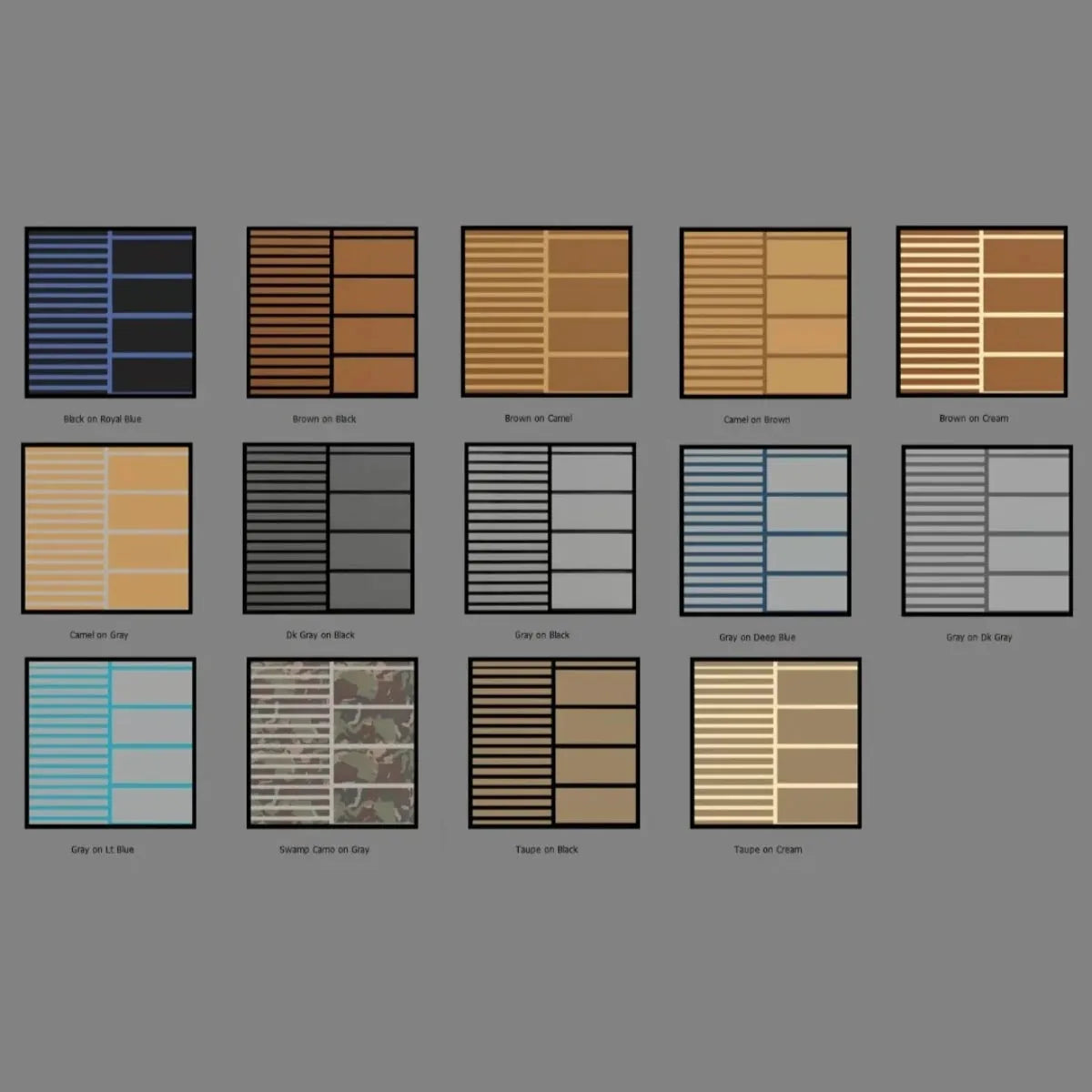 Hydro-turf 2-tone wide groove teak cut samples in 14 color options.