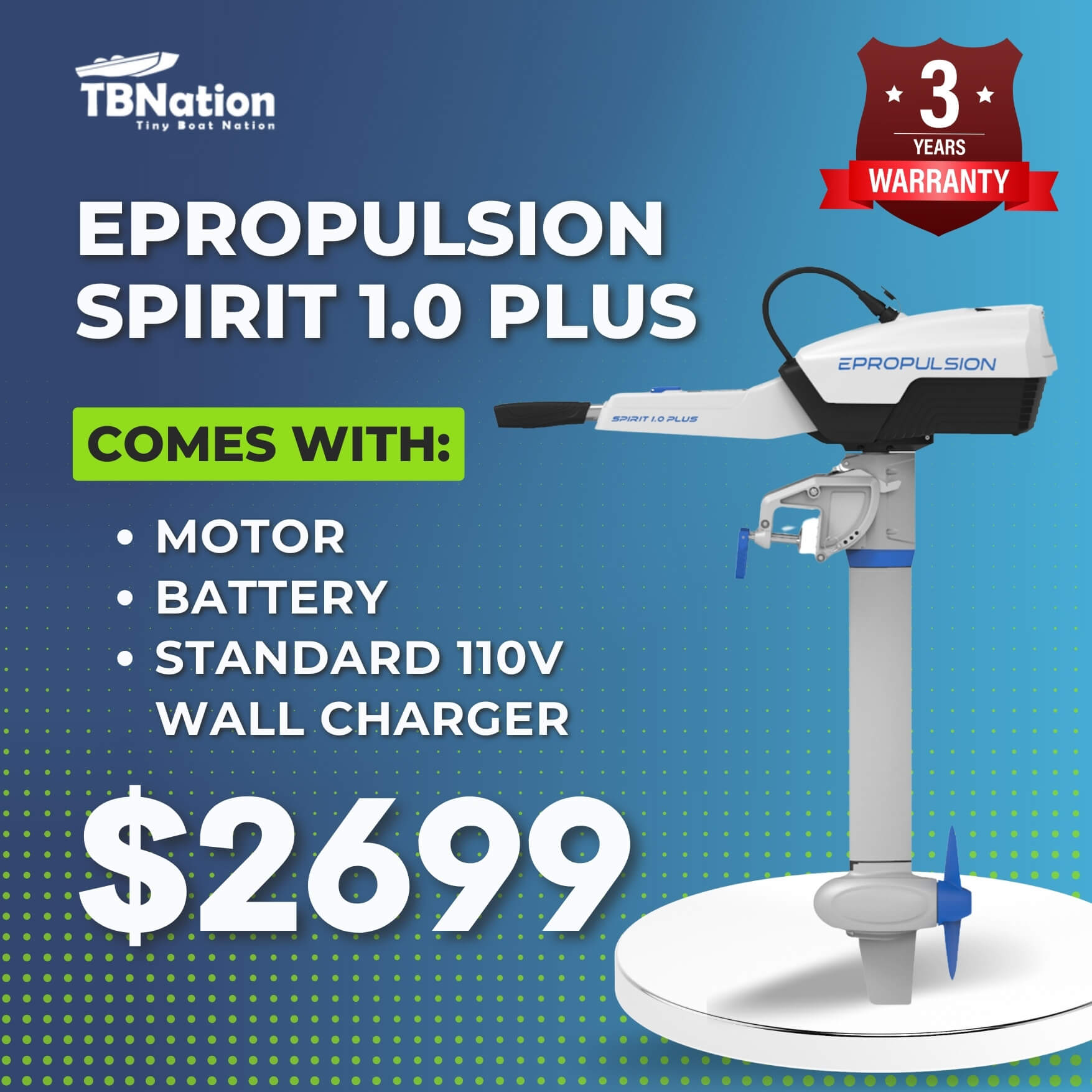 EPropulsion Spirit 1.0 Plus 3HP Electric Outboard Motor