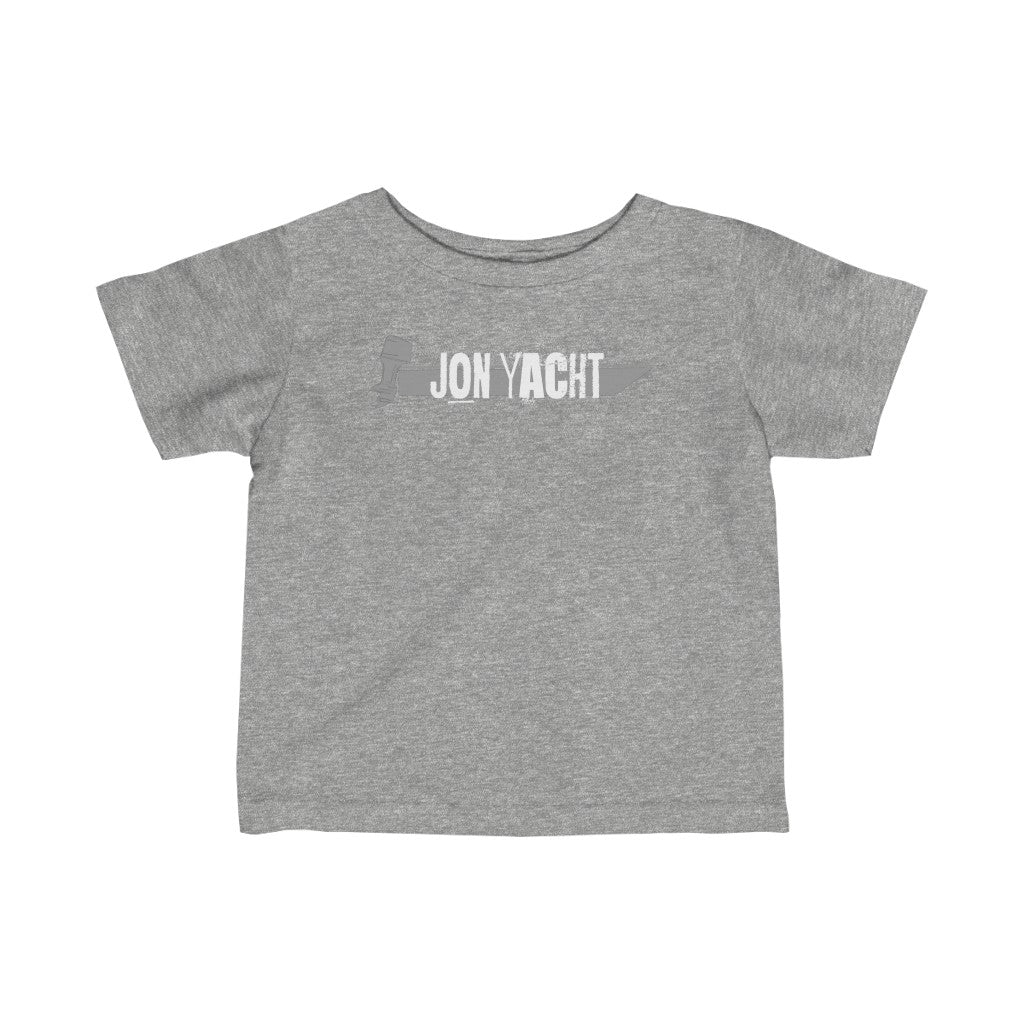 Gray infant fine jersey tee with "JON YACHT" printed in white on the front.