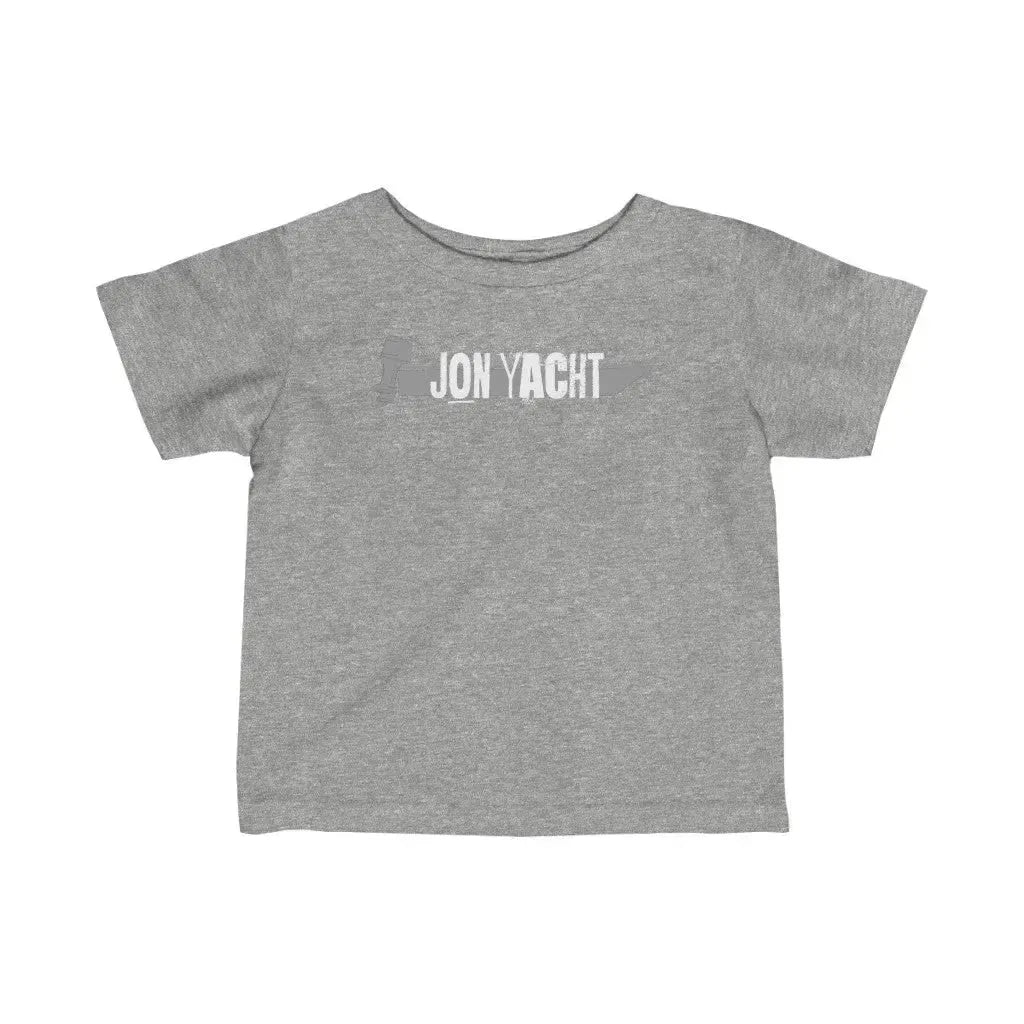 Infant fine jersey tee in bright pink with a gray "Jon Yacht" boat graphic.