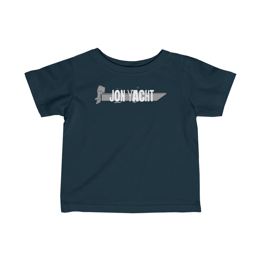 Navy infant fine jersey tee with "JON YACHT" and a boat graphic in light gray.