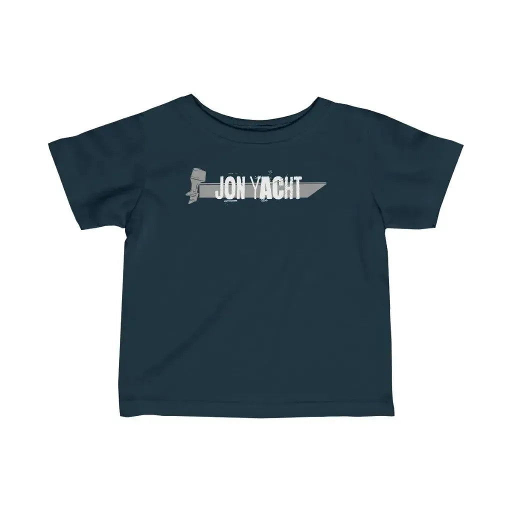 Navy infant fine jersey tee with "JON YACHT" and a boat graphic in light gray.