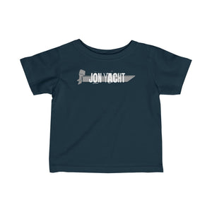 Navy infant fine jersey tee with "JON YACHT" and a boat graphic in light gray.