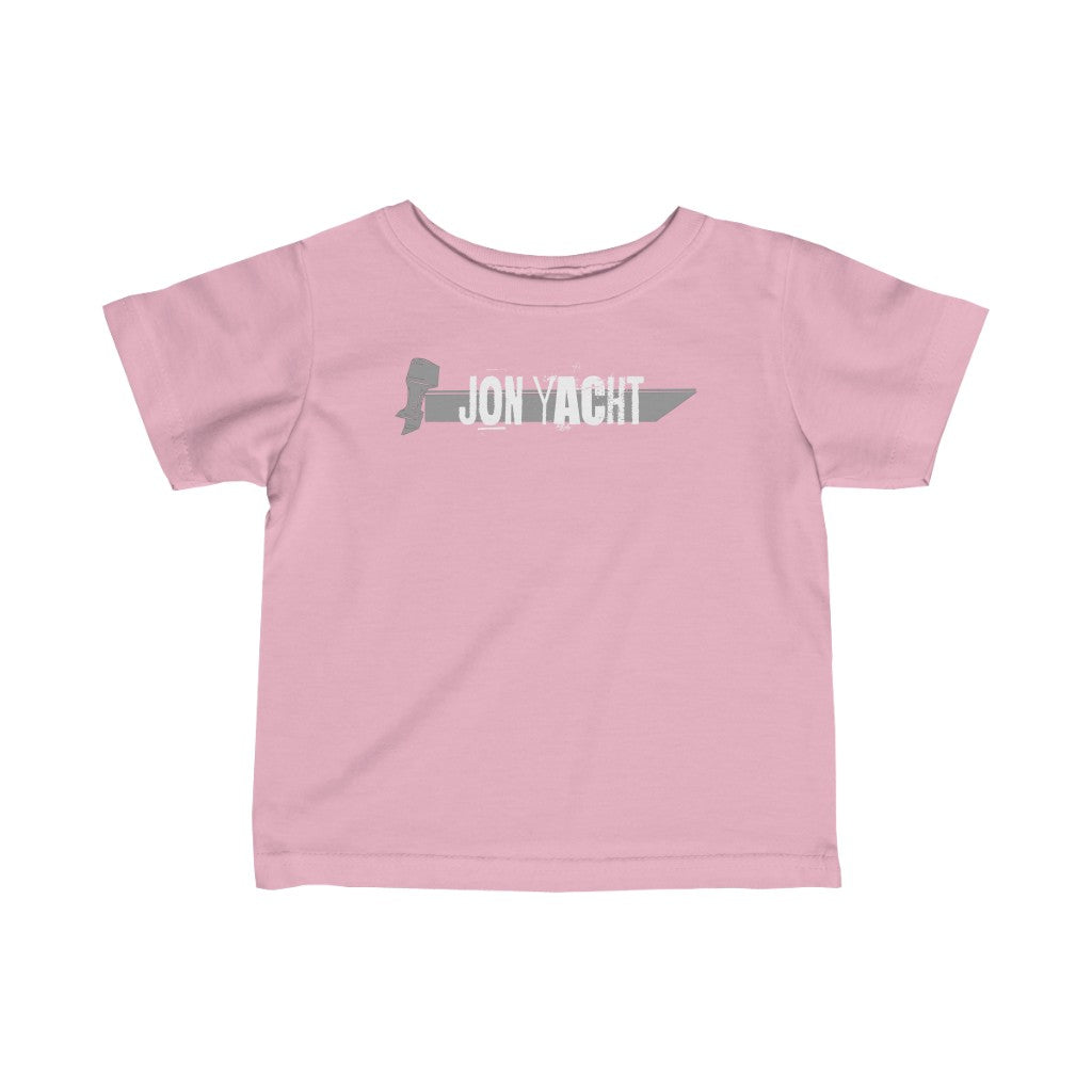 Pink infant fine jersey tee with "JON YACHT" boat graphic in light gray.