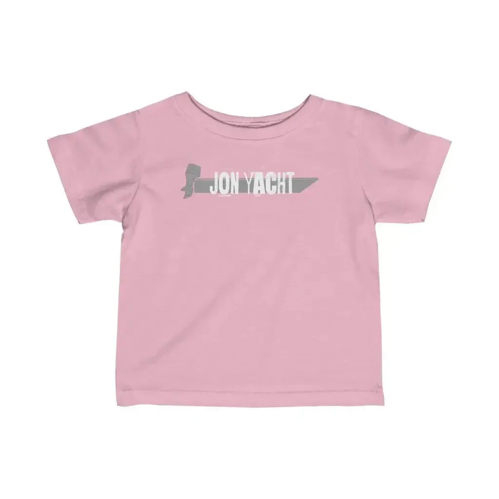 Pink infant fine jersey tee with "JON YACHT" boat graphic in light gray.