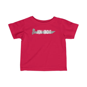 Infant fine jersey tee in bright pink with a gray "Jon Yacht" boat graphic.