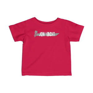 Infant fine jersey tee in bright pink with a gray "Jon Yacht" boat graphic.