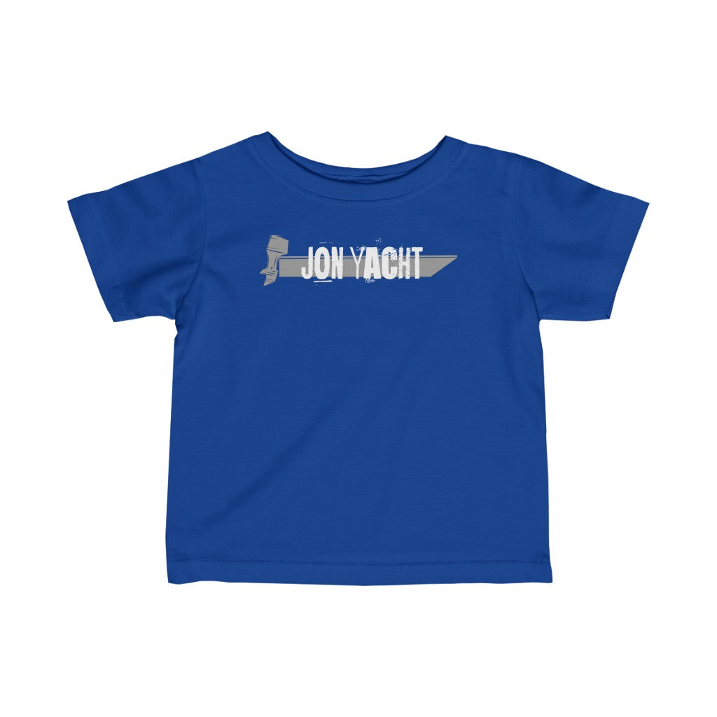 Blue infant fine jersey tee with "JON YACHT" and boat graphic.