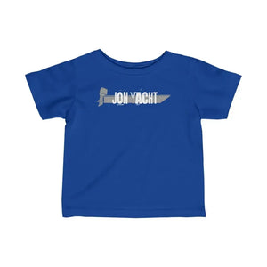 Blue infant fine jersey tee with "JON YACHT" and boat graphic.