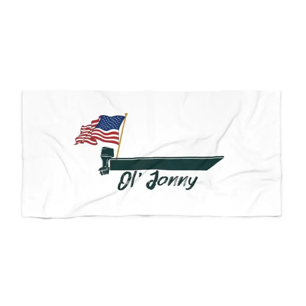 White JY Beach Towel with a black boat, outboard motor, and American flag graphic, featuring "Ol' Jonny" text.